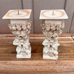 Vintage Ornate Ivory Shabby Chic Rose Pillar Candle Holders Set of 2 Resin